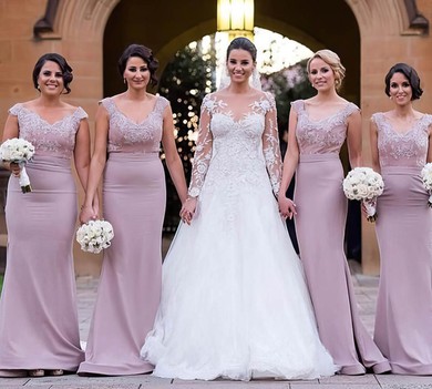 Sheath/Column Silk-like Satin Sweep Train Appliques Lace Fabulous Bridesmaid Dress #Milly01012789