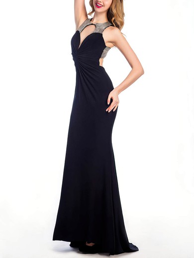 Sheath/Column Scoop Neck Black Chiffon with Beading Open Back Prom Dresses #Milly020102238