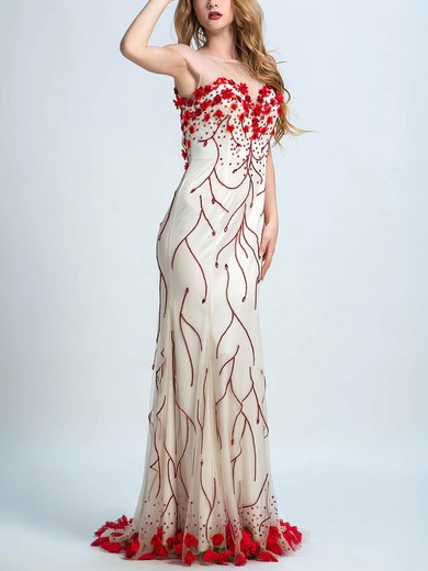 Sheath/Column Tulle Sweep Train with Beading Gorgeous Prom Dresses #Milly020102251