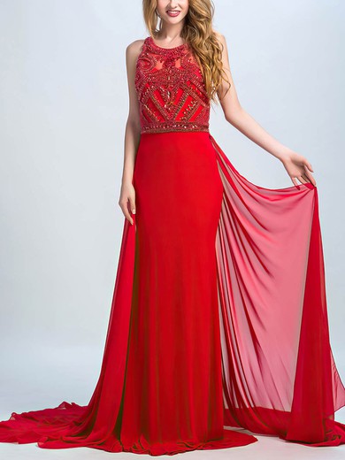 Modern Red Chiffon Court Train Beading Sheath/Column Prom Dresses #Milly020102255