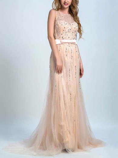 Open Back Scoop Neck Lace Tulle Sashes / Ribbons Sheath/Column Modest Prom Dresses #Milly020102260