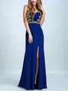Cap Straps Sheath/Column Royal Blue Chiffon Tulle Split Front Sweep Train Prom Dresses #Milly020102310