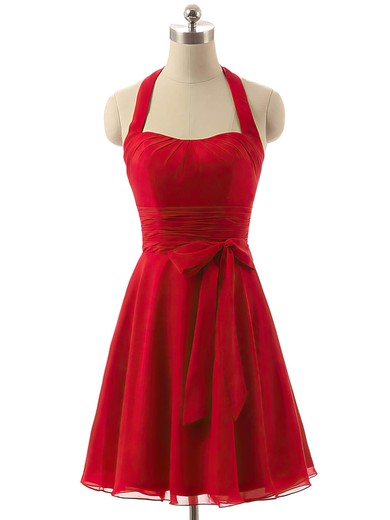 Red Halter Chiffon Sashes / Ribbons Cheap Short/Mini Bridesmaid Dresses #Milly01012792