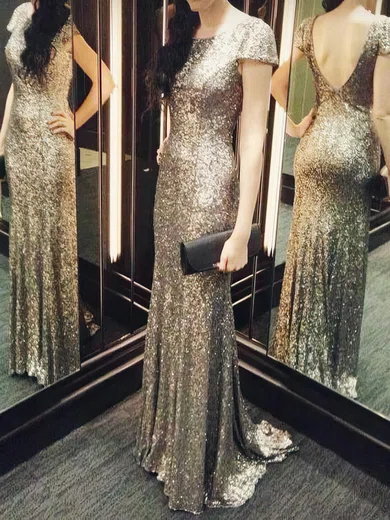 Sheath/Column Scoop Neck Sequined Backless Short Sleeve Bridesmaid Dresses #Milly01012803