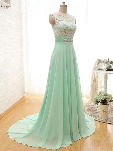 Scoop Neck Chiffon Court Train Appliques Lace Elegant Bridesmaid Dresses #Milly01012804
