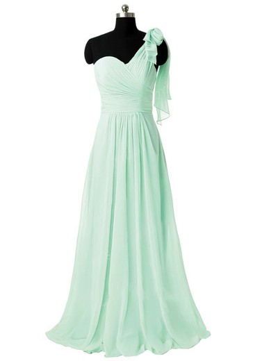 One Shoulder Sage Chiffon Sweep Train Ruffles Best Bridesmaid Dresses #Milly01012805