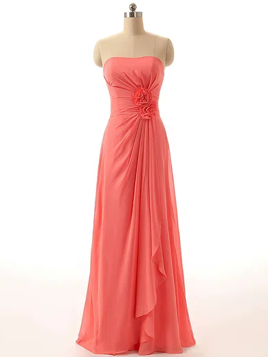 Strapless Chiffon Floor-length Flower(s) Watermelon New Bridesmaid Dresses #Milly01012811