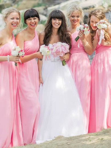 New Arrival One Shoulder Chiffon Floor-length Ruffles Pink Bridesmaid Dresses #Milly01012812