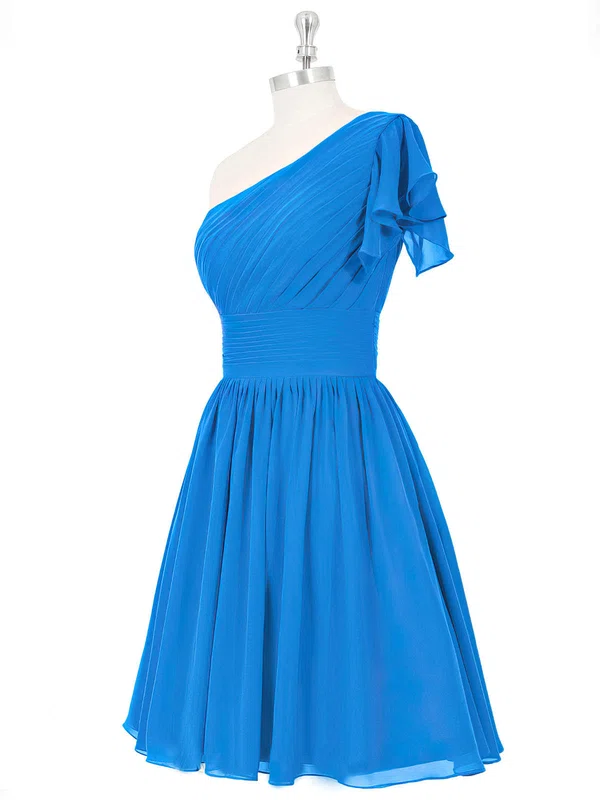 One Shoulder Blue Chiffon Ruched Short/Mini Bridesmaid Dresses ...