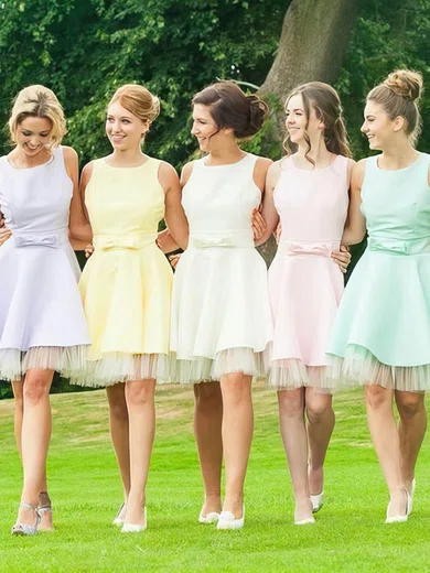 A-line Satin Tulle Short/Mini with Bow Open Back Bridesmaid Dresses #Milly01012816