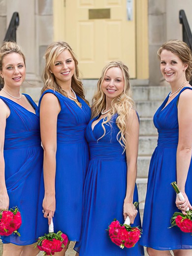 V-neck Chiffon Knee-length Ruffles Noble Royal Blue Bridesmaid Dresses #Milly01012823