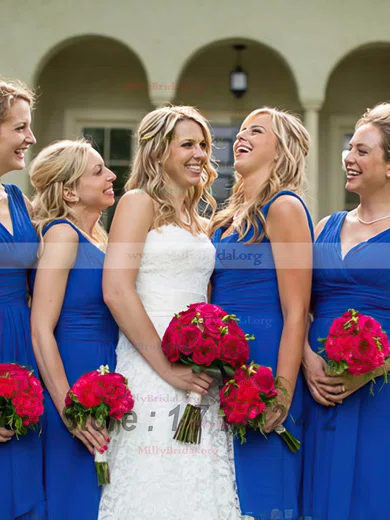 V neck Chiffon Knee length Ruffles Noble Royal Blue Bridesmaid Dresses