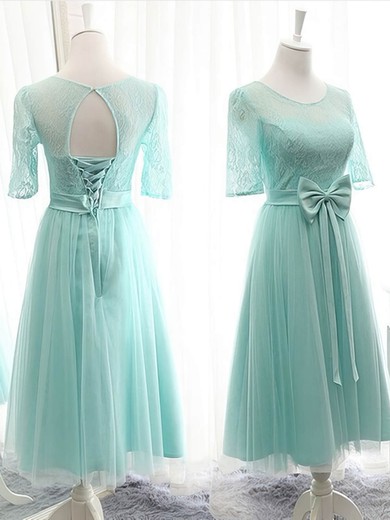 Scoop Neck Lace Tulle Knee-length Bow 1/2 Sleeve Bridesmaid Dresses #Milly01012824