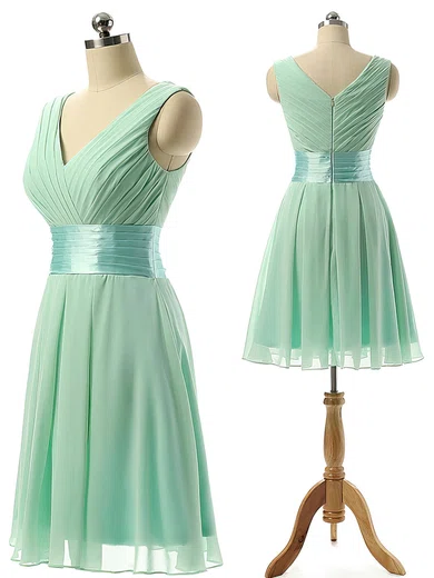 Vintage V-neck Chiffon Knee-length Sashes / Ribbons Bridesmaid Dresses #Milly01012860