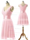 Vintage V-neck Chiffon Knee-length Sashes / Ribbons Bridesmaid Dresses #Milly01012860