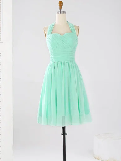 Halter Chiffon Short/Mini Ruched Sage Modest Bridesmaid Dresses #Milly01012862