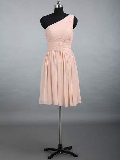 Gorgeous One Shoulder Chiffon Knee-length Ruched Pink Bridesmaid Dress #Milly01012887