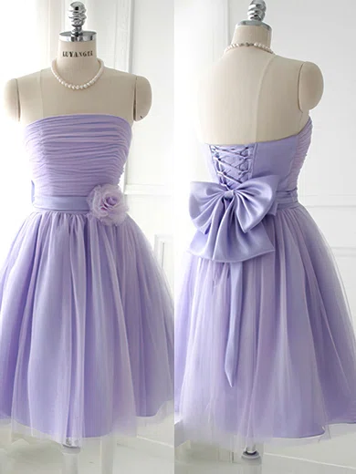 Strapless Satin Tulle Short Mini Bow Graceful Lavender Bridesmaid Dress millybridal