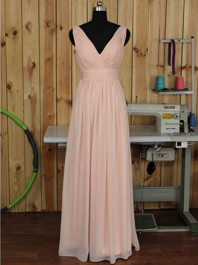 V-neck Chiffon Floor-length Ruched Pink Backless Bridesmaid Dress #Milly01012891