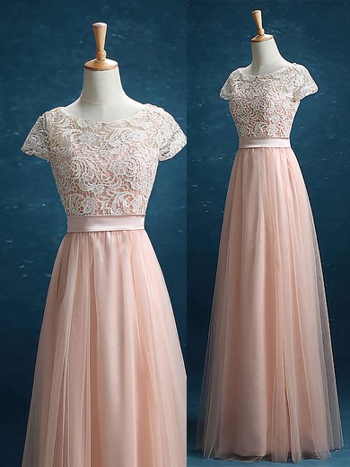 Scoop Neck Lace Tulle Floor-length Sashes / Ribbons Short Sleeve Bridesmaid Dress #Milly01012895