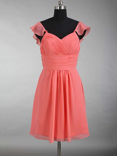 Modest V-neck Chiffon Short/Mini Ruffles Watermelon Bridesmaid Dress #Milly01012897