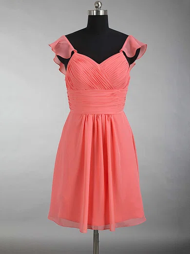 V Neck Watermelon Chiffon Short Bridesmaid Dress