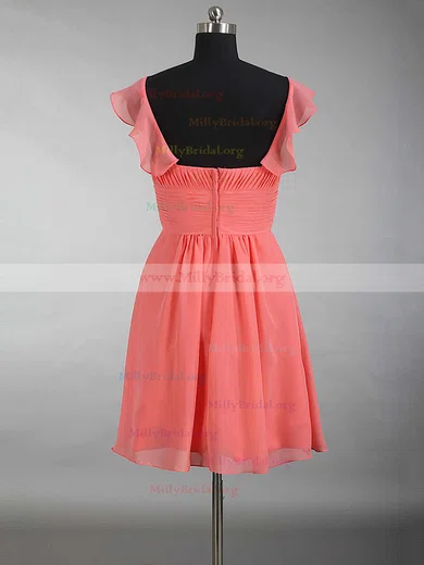 V Neck Watermelon Chiffon Short Bridesmaid Dress