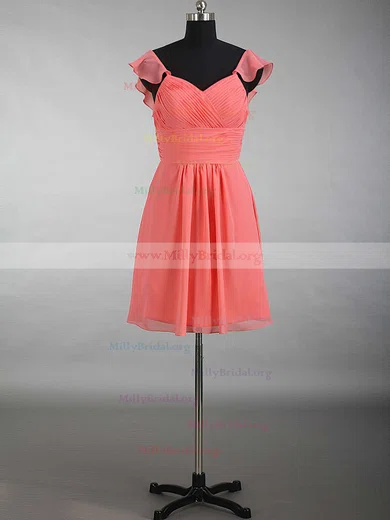 V Neck Watermelon Chiffon Short Bridesmaid Dress