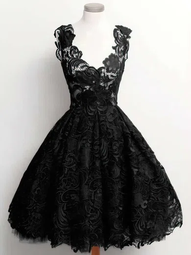Black Ball Gown V-neck Lace Prom Dresses With Appliques #Milly020102389