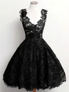 A-line V-neck Lace Knee-length Appliques Lace Short Prom Dresses #Milly020102389