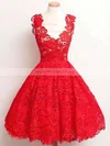 A-line V-neck Lace Knee-length Appliques Lace Prom Dresses #Milly020102389