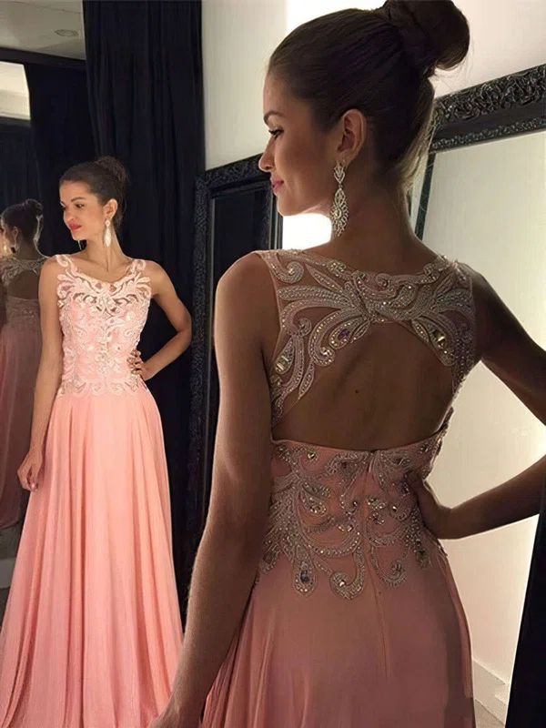 A-line Scoop Neck Chiffon Sweep Train Appliques Lace Prom Dresses #Milly020102395