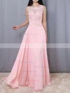 A-line Scoop Neck Chiffon Sweep Train Appliques Lace Prom Dresses #Milly020102395