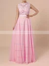 A-line Scoop Neck Chiffon Sweep Train Appliques Lace Prom Dresses #Milly020102396