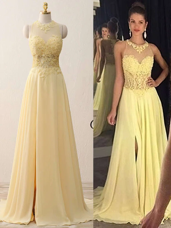 A-line Scoop Neck Chiffon Sweep Train Appliques Lace Prom Dresses #Milly020102400