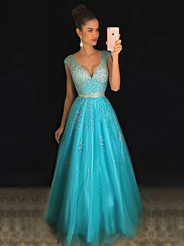 Princess V-neck Tulle Floor-length Beading Prom Dresses #Milly020102401