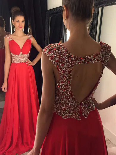 A-line V-neck Chiffon Cut Out Prom Dresses With Beading #Milly020102404