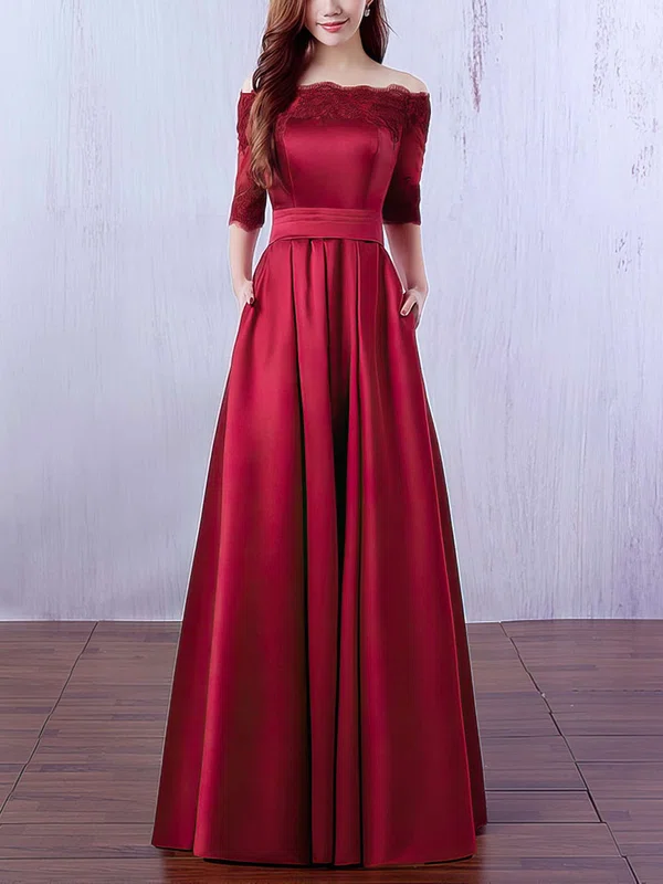 A-line Off-the-shoulder Satin Floor-length Appliques Lace Prom Dresses Sale #sale020102406