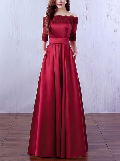 A-line Off-the-shoulder Satin Floor-length Appliques Lace Prom Dresses #Milly020102406