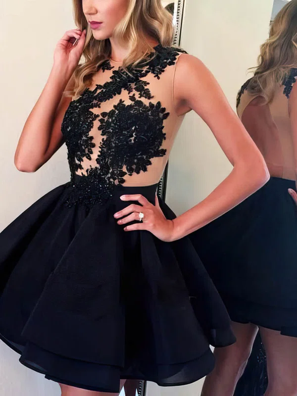 A-line Scoop Neck Organza Tulle Short/Mini Appliques Lace Short Prom Dresses #Milly020102411