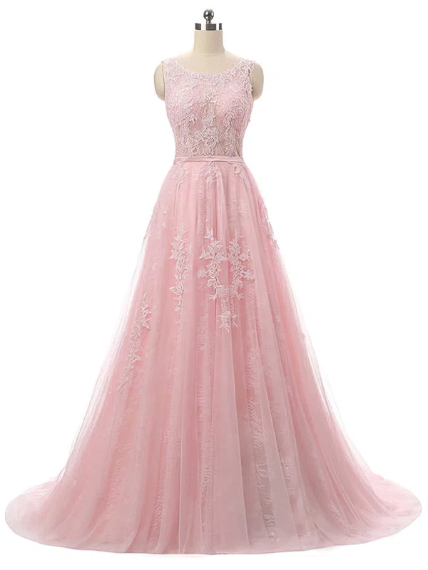Princess Scoop Neck Sweep Train Lace Tulle Sashes / Ribbons Prom Dresses #Milly020102417
