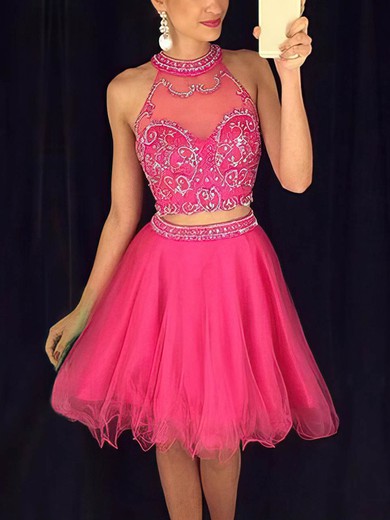 Two Piece A-line High Neck Tulle Short/Mini Beading Online Short Prom Dresses #Milly020102424