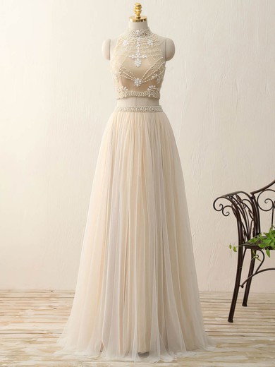 A-line High Neck Floor-length Tulle Beading Prom Dresses #Milly020102428
