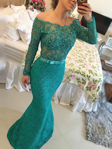 Trumpet/Mermaid Off-the-shoulder Lace Floor-length Appliques Lace Prom Dresses #Milly020102429