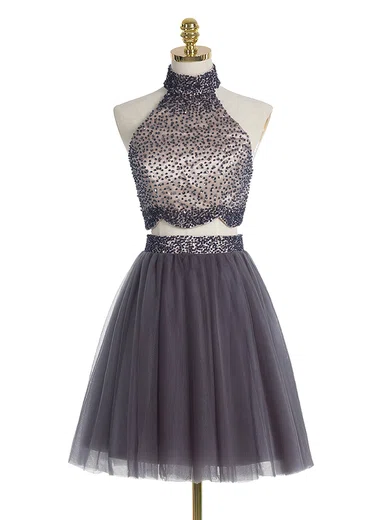 A-line High Neck Tulle Two Piece Prom Dresses With Beading #Milly020102430