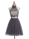 A-line High Neck Tulle Short/Mini Beading Full Back Modest Short Prom Dresses #Milly020102430