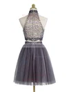 A-line High Neck Tulle Short/Mini Beading Full Back Modest Prom Dresses #Milly020102430