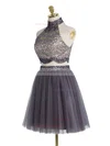 A-line High Neck Tulle Short/Mini Beading Full Back Modest Prom Dresses #Milly020102430