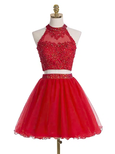 A-line High Neck Tulle Two Piece Prom Dresses With Beading #Milly020102432