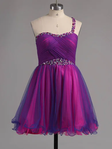 A-line One Shoulder Tulle Short/Mini Ruffles Short Prom Dresses #Milly02013221